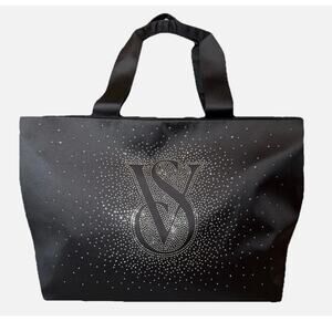 Victoria’s Secret Tote Bag Black Shine Bling Rhinestone Logo Carryall Weekender